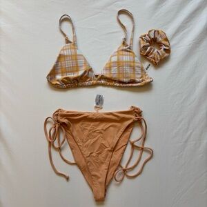 SHEIN Plaid and Solid Bikini Set - Yellow, Peach and Pink.